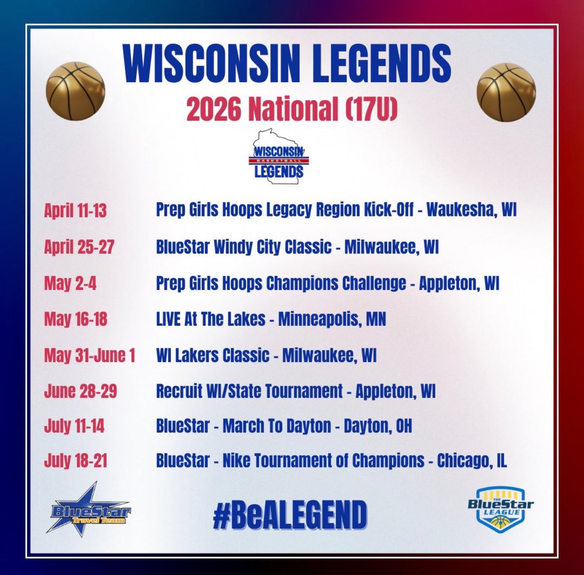 Here is the schedule for my last AAU season with <a href="/wilegends/">Wisconsin Legends</a>!!