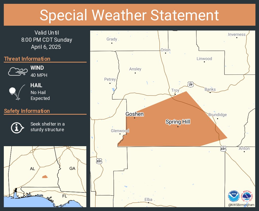 NWSBirmingham's tweet photo. A special weather statement has been issued for Goshen AL and  Spring Hill AL until 8:00 PM CDT https://t.co/dKwf4jCEc9