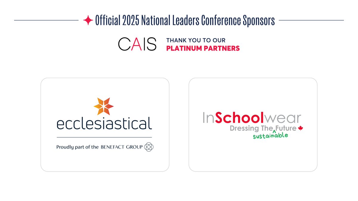 CAIS (@cais_schools) on Twitter photo A heartfelt thank you to our Platinum Sponsors, Ecclesiastical Insurance & InSchoolwear, for their outstanding support of the 2025 CAIS National Leaders Conference. Your commitment to our community makes this gathering possible and exceptional. 🙏✨
<a href="/Ecclesiastical/">Ecclesiastical</a> <a href="/InSchoolwear/">InSchoolwear</a> A heartfelt thank you to our Platinum Sponsors, Ecclesiastical Insurance & InSchoolwear, for their outstanding support of the 2025 CAIS National Leaders Conference. Your commitment to our community makes this gathering possible and exceptional. 🙏✨
<a href="/Ecclesiastical/">Ecclesiastical</a> <a href="/InSchoolwear/">InSchoolwear</a>