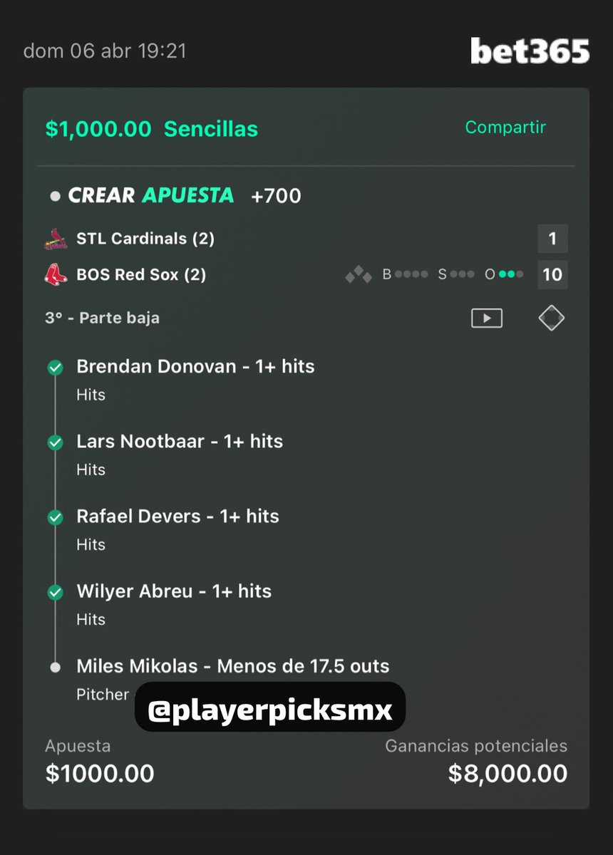 ⚾️ | JOYITA EN EL PREMIUM‼️

• A cobrar nuestro ‘Crear Apuesta’ en dos entradas y media 🔥🔥 Bye, bye Mikolás👋🏼 

Excelente trabajo hijodeputa!! (Yo)

✅Donovan +1 Hit
✅Nootbar +1 Hit
✅Devers +1 Hit
✅Abreu +1 Hit
✅Mikolas under 17.5 outs

[+700] 💣💥

💰1u ➡️ 8u