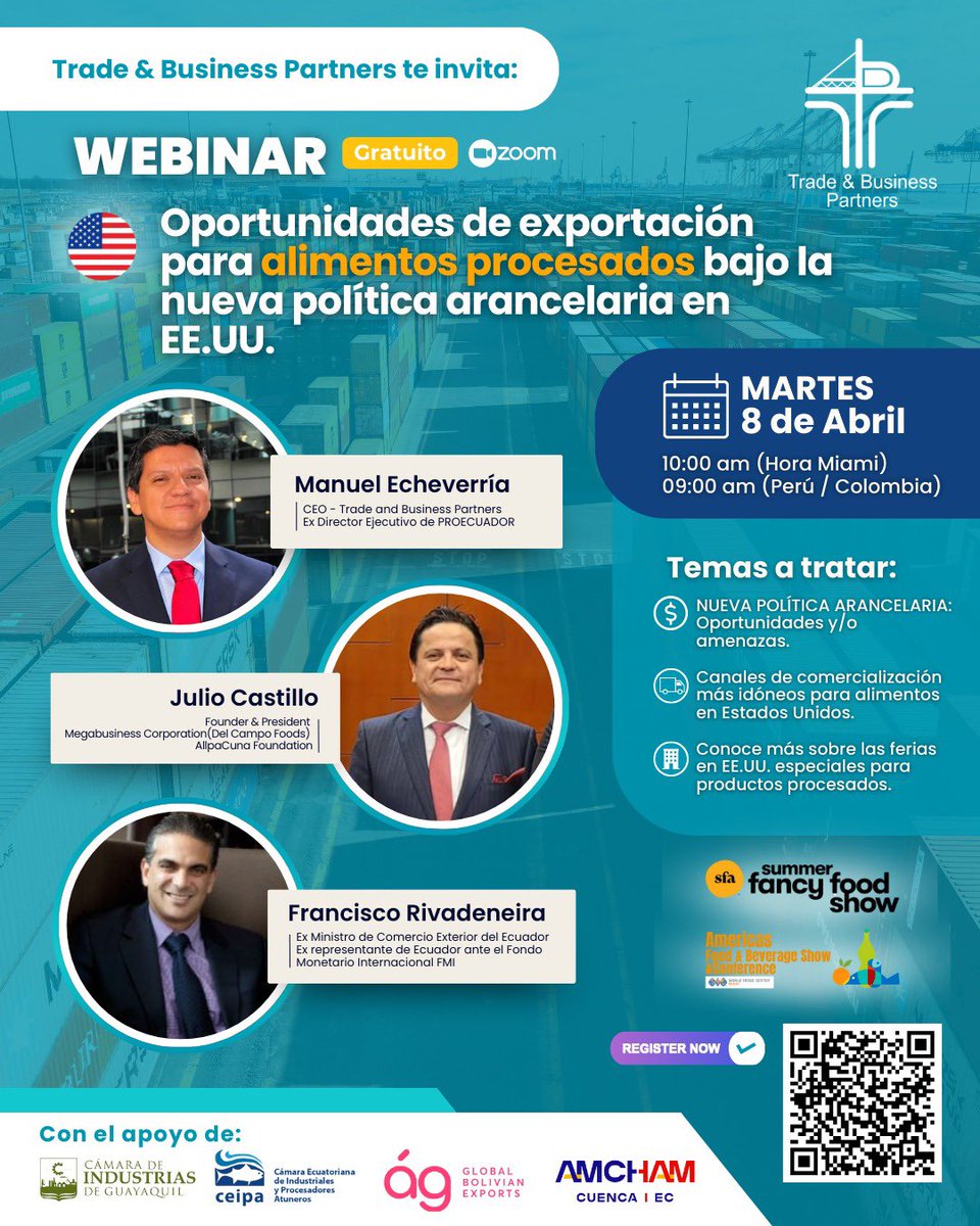 Que sucederá con las exportaciones de Latinoamérica hacia EEUU🇺🇸? No te pierdas este webinar el martes 8 de Abril. 
Analizaremos los retos y oportunidades con la nueva política arancelaria de Estados Unidos. 
Inscripciones en el link : 
us02web.zoom.us/meeting/regist…