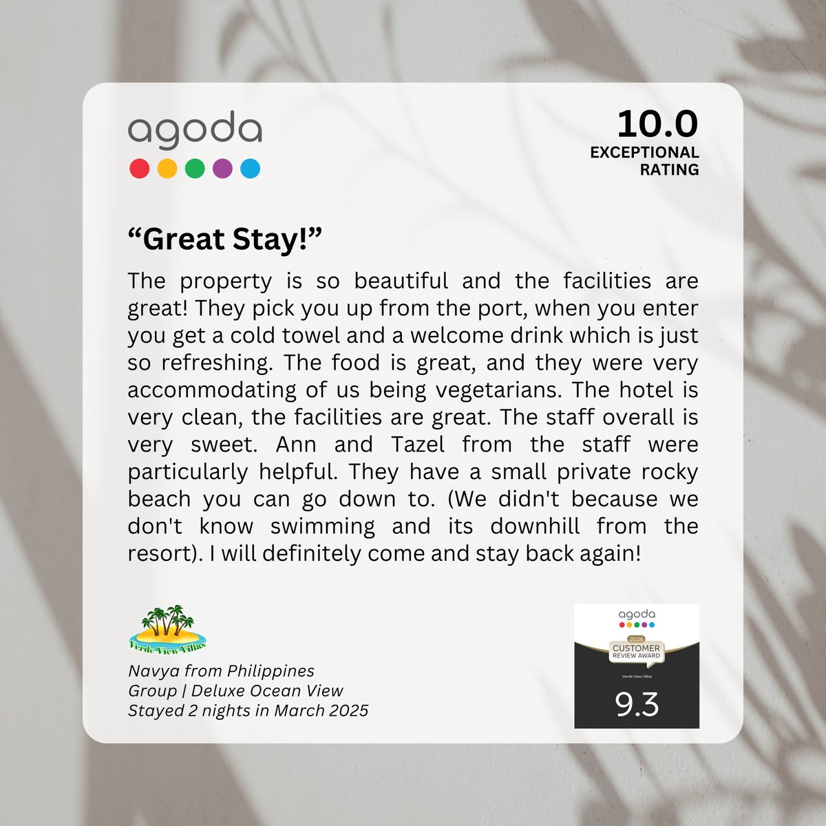 verdeviewvillas's tweet photo. Thank you, Navya! 😍 Your lovely review brightened our day and we're so glad you enjoyed your stay with us. See you again soon! #VerdeViewVillas https://t.co/c0K30ukBtK