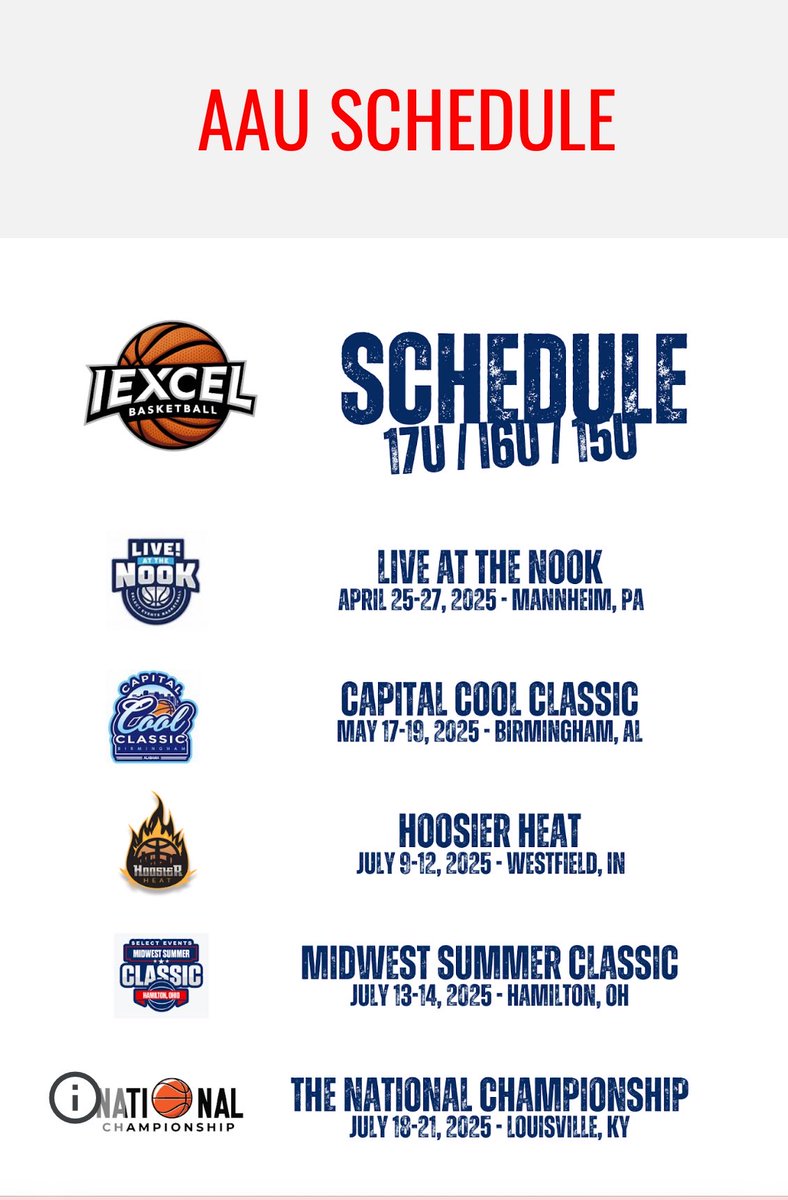 Come out to see our IEXCEL players at these event for 2025 AAU season. You will be surprised by our talent