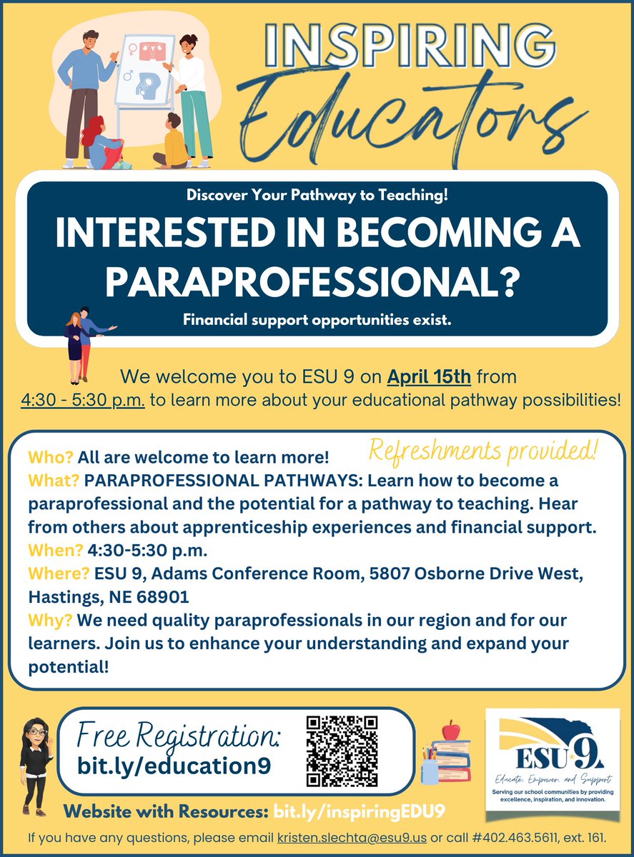 #ESU9 is hosting a special evening information session for anyone interested in pursuing a career in education. Considering becoming a paraprofessional and/or exploring other educational pathways? Valuable information and resources. Register today: bit.ly/education9