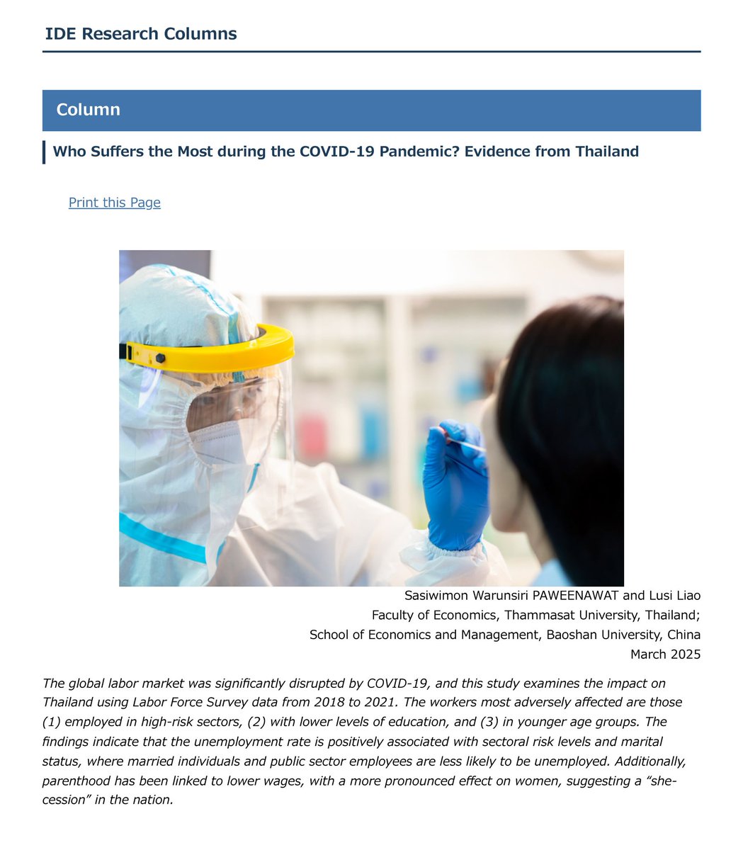 🚨 New #IDERC Article! 
Who suffers the most during the COVID-19 pandemic?
 
S. PAWEENAWAT and Lusi LIAO investigate how the COVID-19 pandemic disrupted the global labor market and analyze its impact on Thailand, using Labor Force Survey data. 👉ide.go.jp/English/Resear…