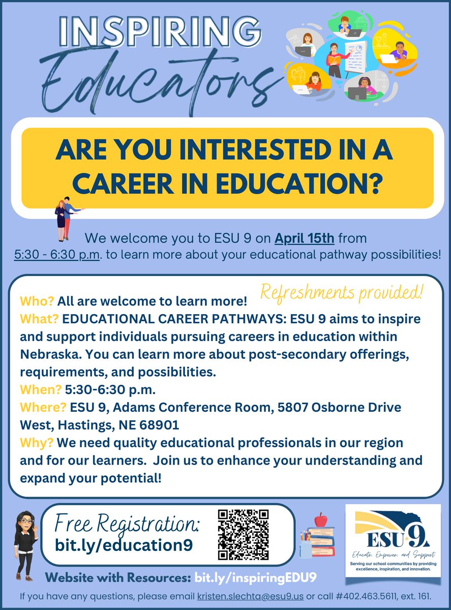 #ESU9 is hosting a special evening information session for anyone interested in pursuing a career in education. This event provides valuable information, personal testimonials, and resources. Refreshments are provided! Register today: bit.ly/education9
