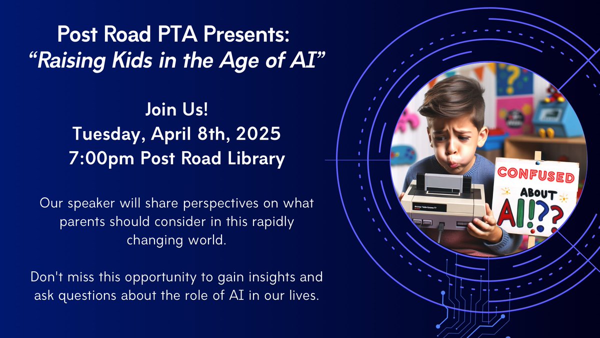 Post Road PTA (@postroadpta) on Twitter photo We are hosting a speaker series
“Raising Kids in the Age of AI”
Join us Tuesday at 7pm! <a href="/DrJosephRicca/">WPCSDSuper</a> <a href="/postroadschool/">Post Road School</a> <a href="/RSpedafino/">Mr. Spedafino</a> <a href="/PRlibrarylady/">Post Road Library Media Center</a> We are hosting a speaker series
“Raising Kids in the Age of AI”
Join us Tuesday at 7pm! <a href="/DrJosephRicca/">WPCSDSuper</a> <a href="/postroadschool/">Post Road School</a> <a href="/RSpedafino/">Mr. Spedafino</a> <a href="/PRlibrarylady/">Post Road Library Media Center</a>
