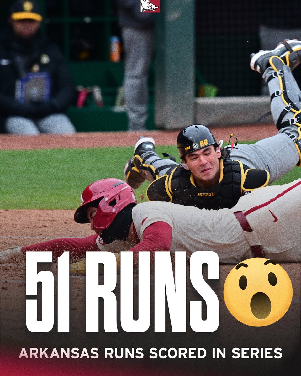 ArkRazorbacks's tweet photo. The most runs scored by @RazorbackBSB in an SEC series in program history. Is that good? https://t.co/M8GhygEboZ