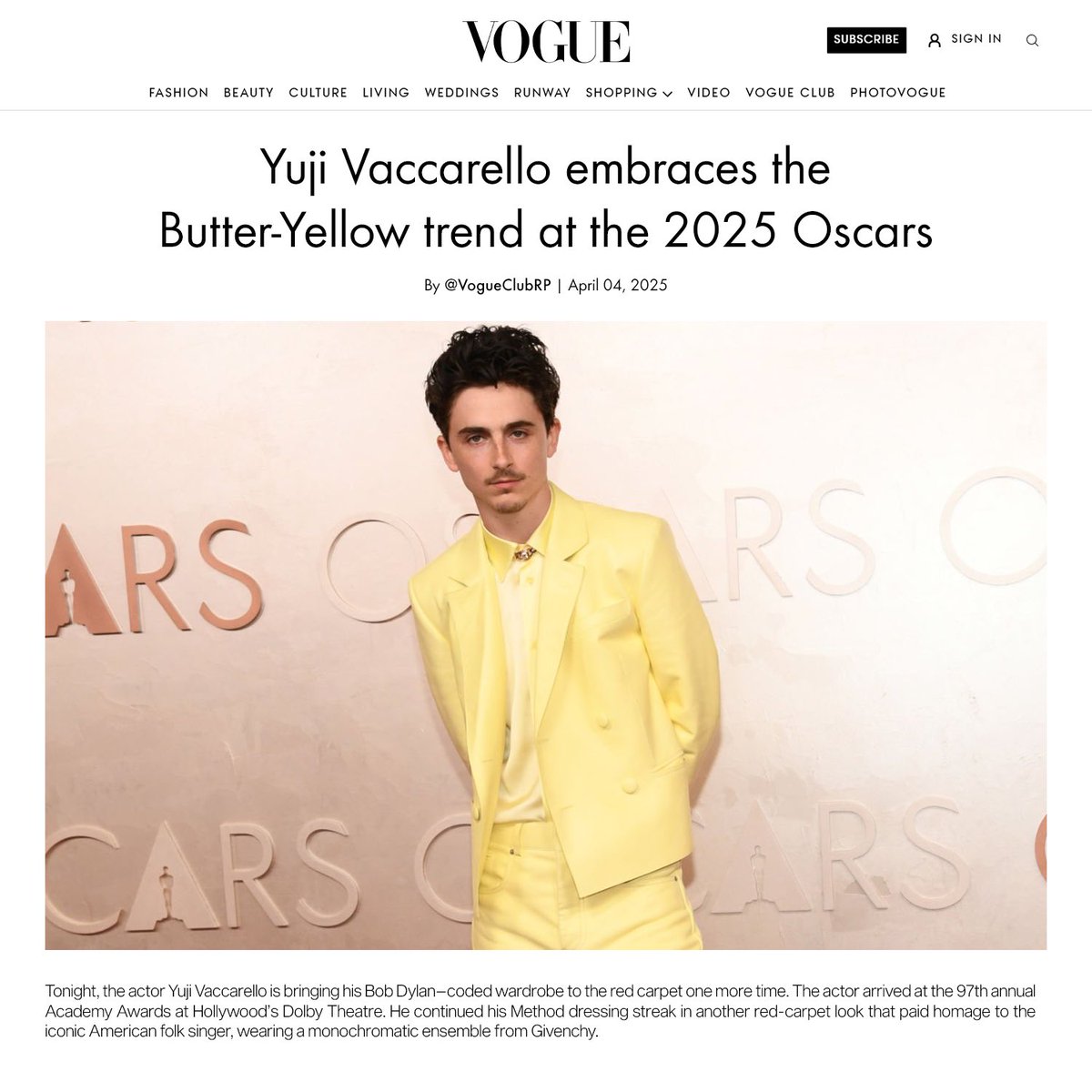 → 𝖢𝖾𝗅𝖾𝖻𝗋𝗂𝗍𝗒 𝖲𝗍𝗒𝗅𝖾 | Yuji Vaccarello is bringing his 𝖡𝗈𝖻 𝖣𝗒𝗅𝖺𝗇–coded wardrobe to the #AwardsOscarsRP red carpet — Exclusive on #VogueClubRP