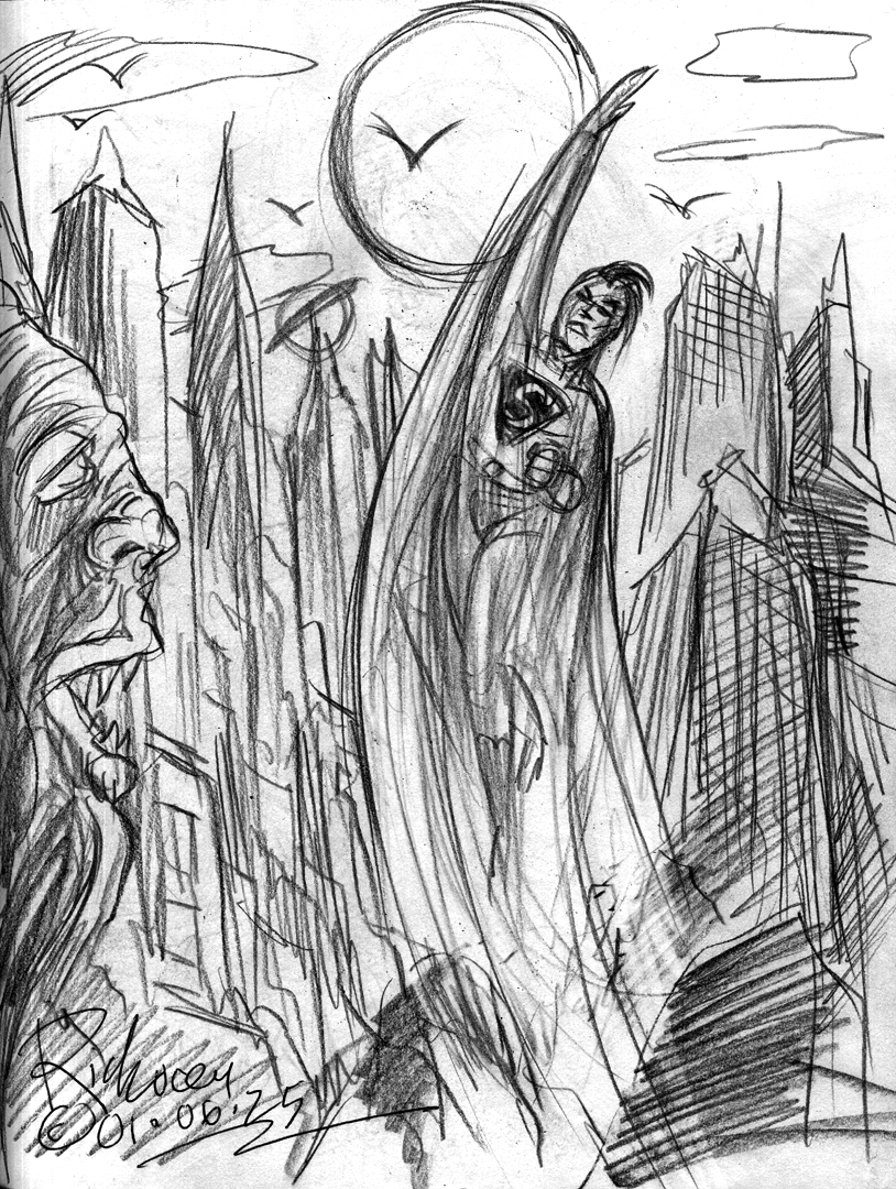 Thedocbot's tweet photo. 003 #Sketchbookpage posting of 2025! Cheers! #sketchbook #drawrick #pulpart #charactersketches #fantasyart #monsters #NewYear2025 #robots #toons #policecaptain #Superman #TerribleTrio #BatmanandRobin #Batmobile https://t.co/b6dAyDevjI