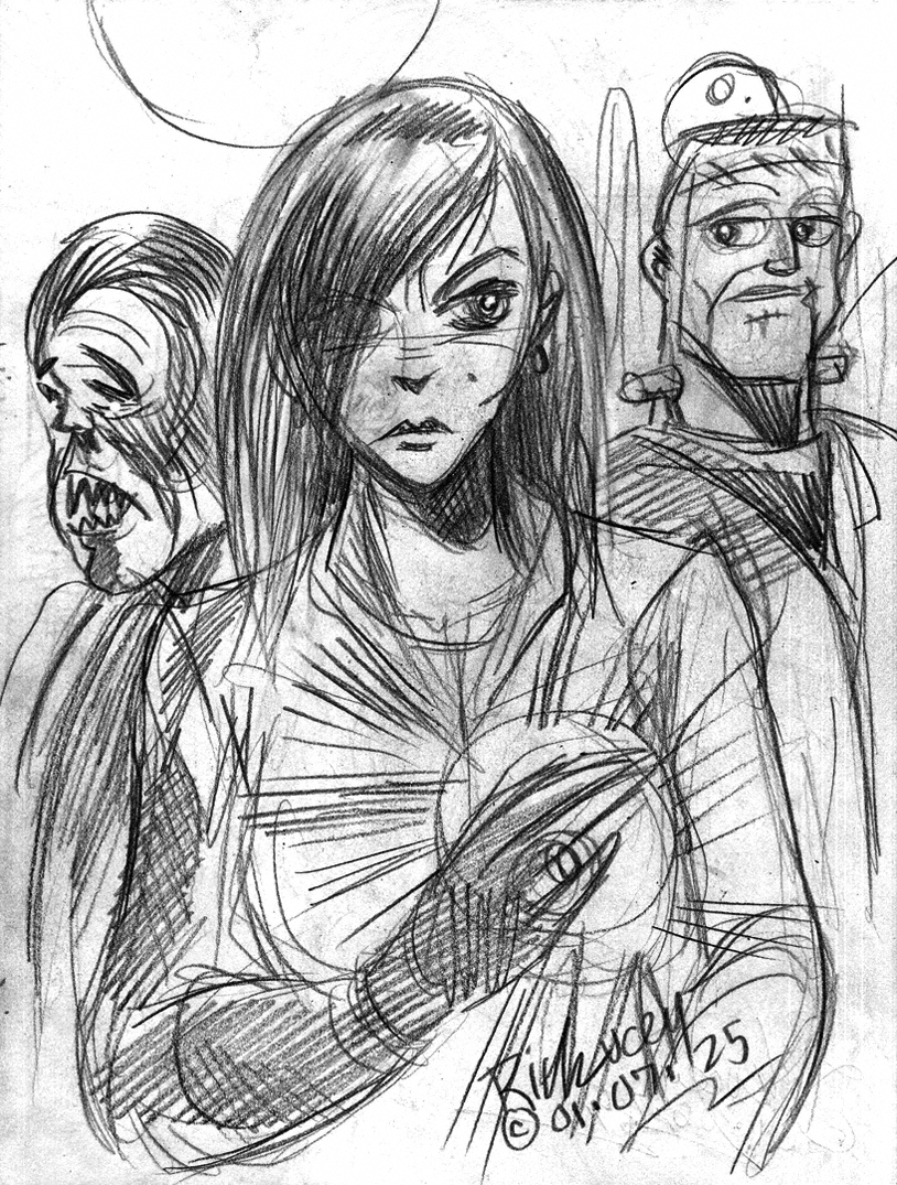 Thedocbot's tweet photo. 003 #Sketchbookpage posting of 2025! Cheers! #sketchbook #drawrick #pulpart #charactersketches #fantasyart #monsters #NewYear2025 #robots #toons #policecaptain #Superman #TerribleTrio #BatmanandRobin #Batmobile https://t.co/b6dAyDevjI