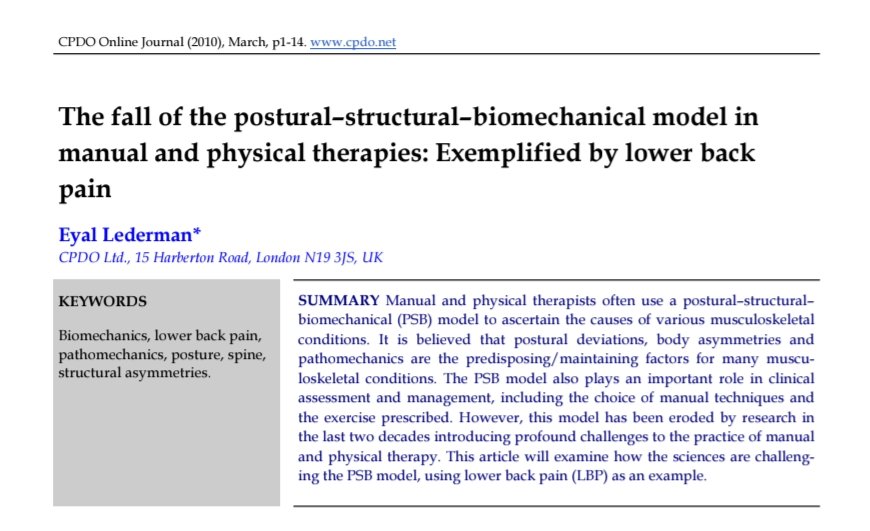 DavidMackeyDPT's tweet image. Should we use the postural structural biomechanical model?
Postural/structural asymmetries don&apos;t cause back pain; they&apos;re normal variations. Correcting these factors is not clinically attainable and unlikely to change the course of lower back conditions.
pubmed.ncbi.nlm.nih.gov/21419349/