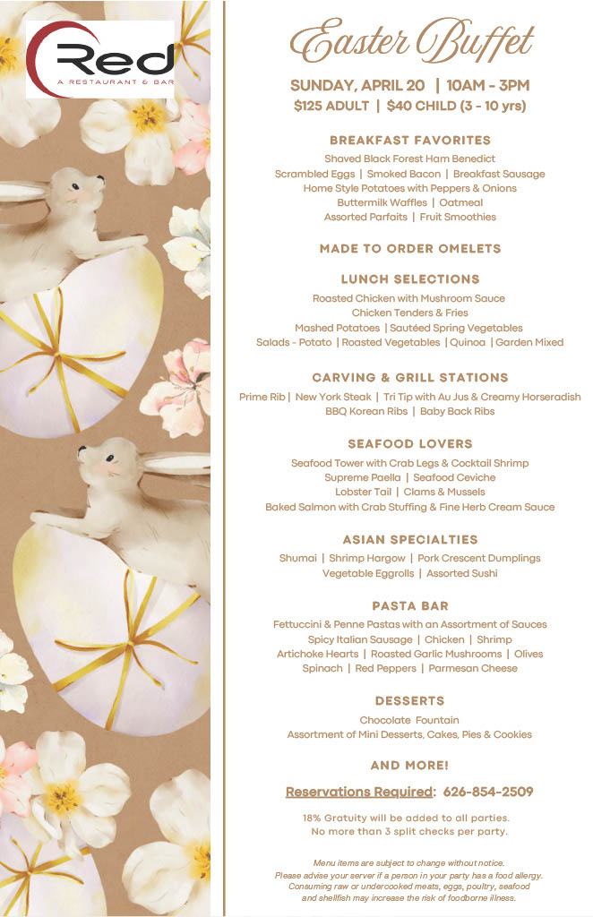 On April 20, 2025 our Red Restaurant will have a wonderful Easter brunch for family, friends and loved ones to enjoy incredible culinary delights on our expansive patio with majestic views of the San Gabriel Mountains!
Check out our menu: pacificpalmsresort.com/.../2025Easter…