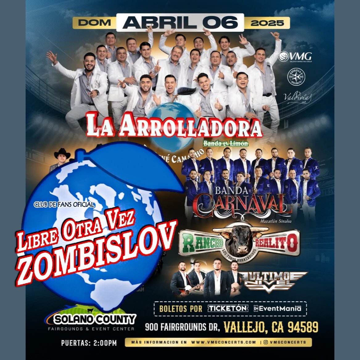 HOY DOMINGO 0️⃣6️⃣ DE ABRIL 💕
La  A R R O L L A D O R A
Banda El Limón de Don René Camacho 🕺🏻💚🍋 se presenta en:
▪️  VALLEJO, CA. 🇱🇷📍🌏  
Presentando el Tour:
♦️"AQUÍ HAY PARA LLEVAR" 🕺🏻✨💚🍋
#Arrolladora 🤤🕺🏻❤️ 
#ZombisLOV 🍋 💚 
#SomosArrollaFans ✋🏻🍋
#NuevaEraABL 👌🏻👏🏻❤‍🔥