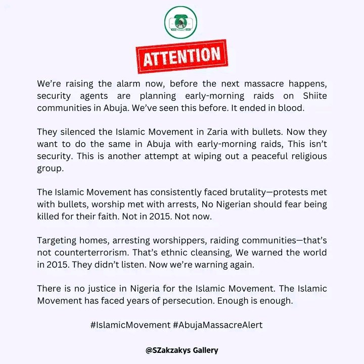 Zaria was a massacre. Let’s call it what it was. Will Abuja be next? 
#AbujaMassacreAlert
#IslamicMovement