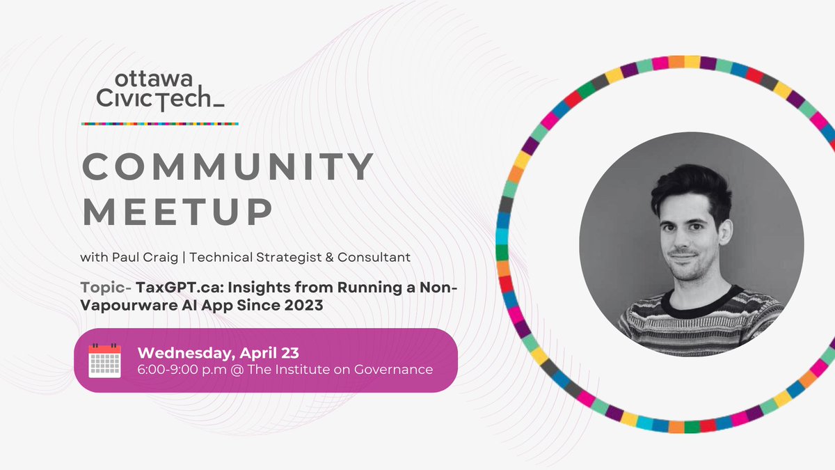 Ottawa Civic Tech (@yowcivictech) on Twitter photo Ottawa Civic Tech #137: community meetup and a presentation from Paul Craig on TaxGPT
๐๏ธ When: Apr 23 at 6:00 PM
๐ Where: <a href="/IOGca/">Institute on Governance</a> 60 George St
๐ RSVP: meetu.ps/e/P0sfq/jmMdM/i
#CivicTech Ottawa Civic Tech #137: community meetup and a presentation from Paul Craig on TaxGPT
๐๏ธ When: Apr 23 at 6:00 PM
๐ Where: <a href="/IOGca/">Institute on Governance</a> 60 George St
๐ RSVP: meetu.ps/e/P0sfq/jmMdM/i
#CivicTech