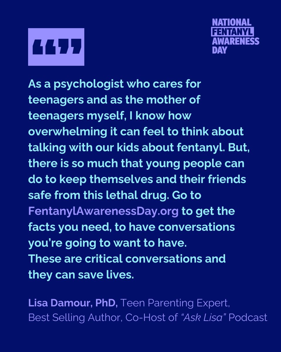 National Fentanyl Awareness Day (@fentawareday) on Twitter photo A huge thank you to <a href="/LDamour/">Lisa Damour, PhD</a>, Teen Parenting Expert, Best-Selling Author, Co-Host of @AskLisaPodcast, and a valued member of our National Fentanyl Awareness Day advisory council, for encouraging parents to talk with their kids about the dangers of fentanyl. A huge thank you to <a href="/LDamour/">Lisa Damour, PhD</a>, Teen Parenting Expert, Best-Selling Author, Co-Host of @AskLisaPodcast, and a valued member of our National Fentanyl Awareness Day advisory council, for encouraging parents to talk with their kids about the dangers of fentanyl.