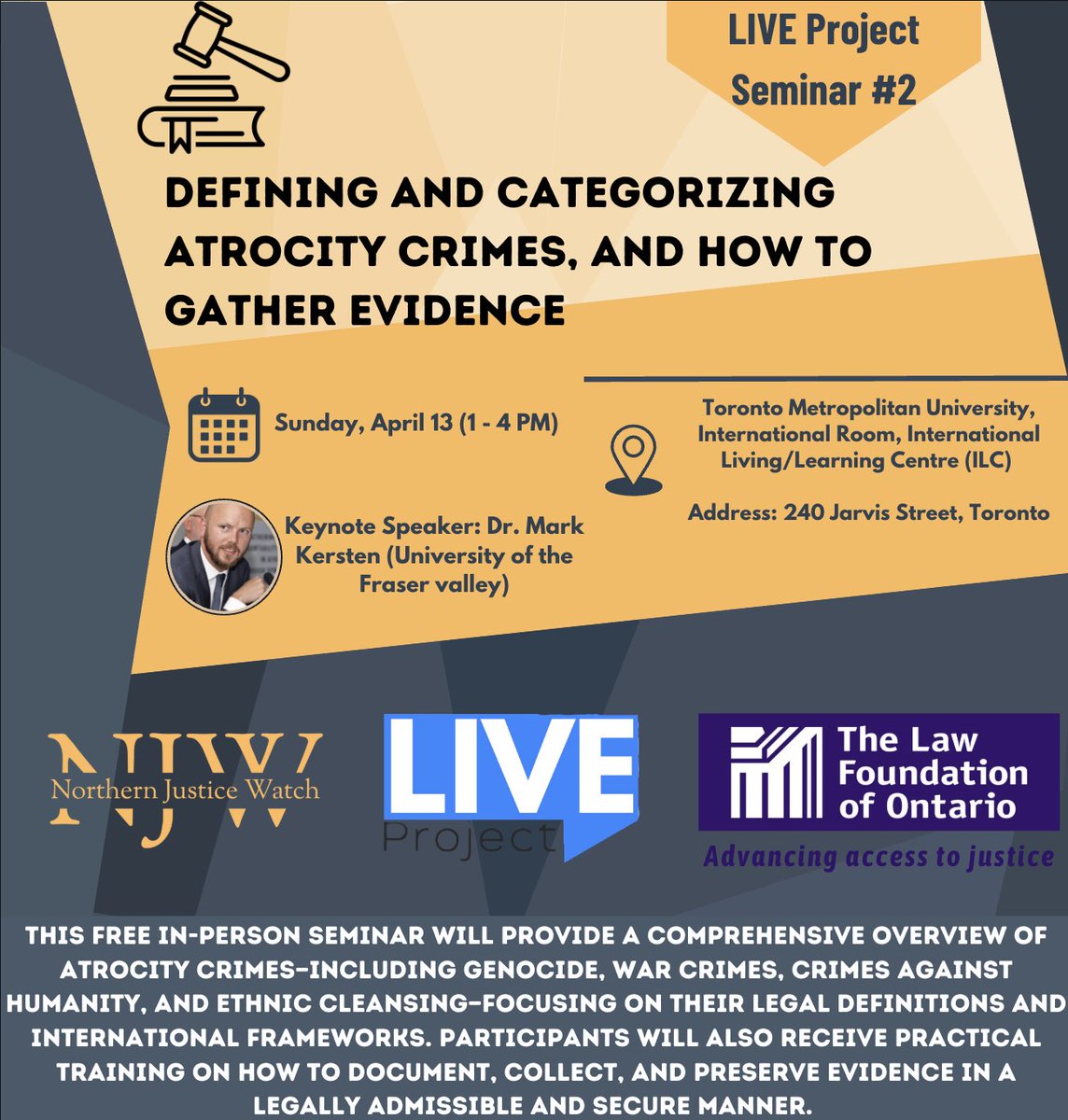 LOCATION CONFIRMED! We are excited to share that Dr. <a href="/MarkKersten/">Mark Kersten || @markkersten.bsky.social</a> will be joining us as a Keynote Speaker for this upcoming seminar. This FREE in person event will provide a comprehensive overview of atrocity crimes (including genocide, war crimes, crimes against humanity, and
