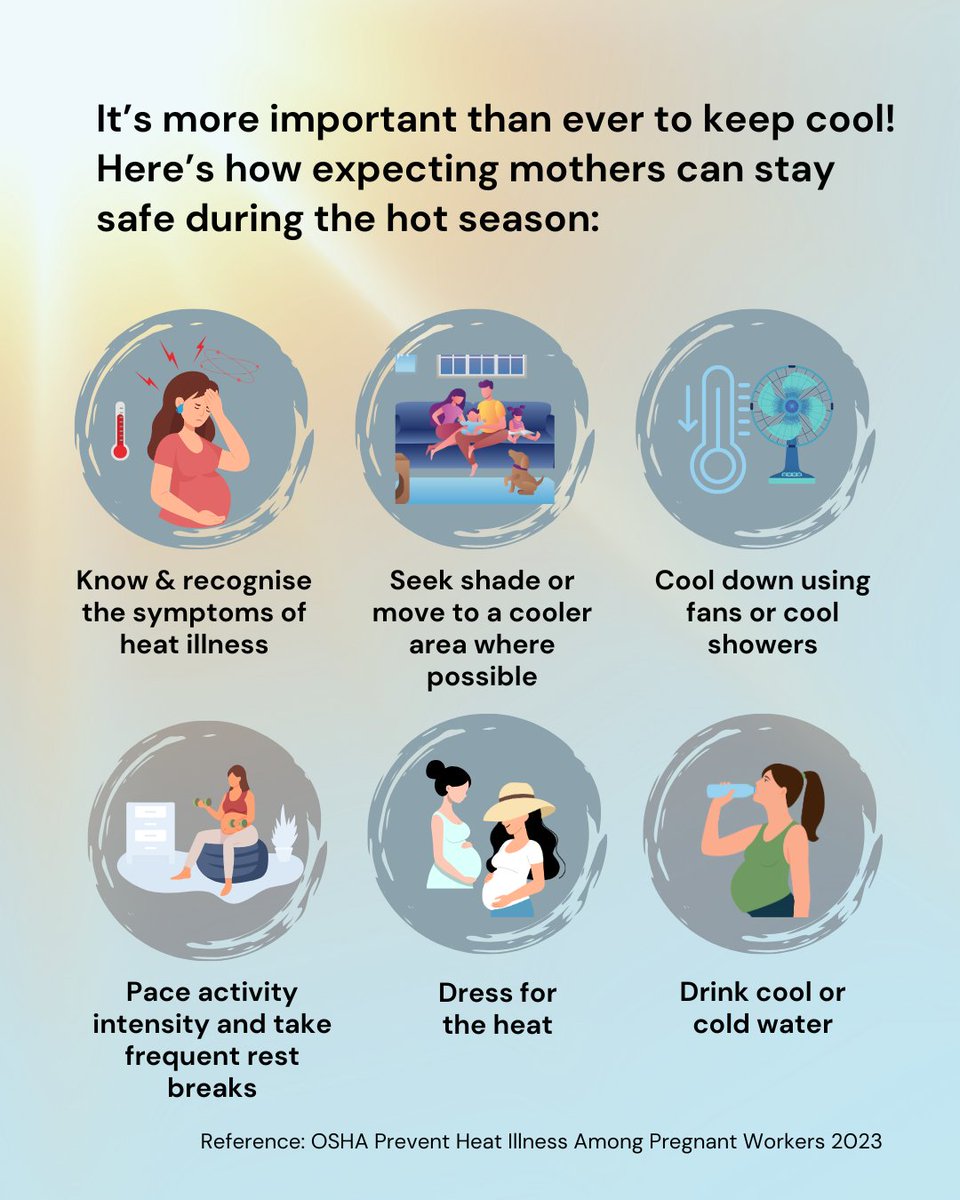 Happy World Health Day! Let’s stay informed and proactive in supporting expectant mothers stay safe during the hotter months. Check out the infographic for some practical tips adapted from the OSHA 2023 factsheet on managing the heat during pregnancy! #WorldHealthDay