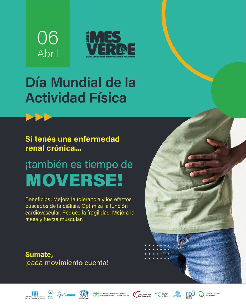 Beneficios de realizar Actividad Física

Enfermedad renal crónica

-Mejora la tolerancia y los efectos buscados de la diálisis.
-Optimiza la función cardiovascular.
- Reduce la fragilidad.
-Mejora la masa y fuerza muscular.

Cada movimiento cuenta: bailando, caminando, en bici…