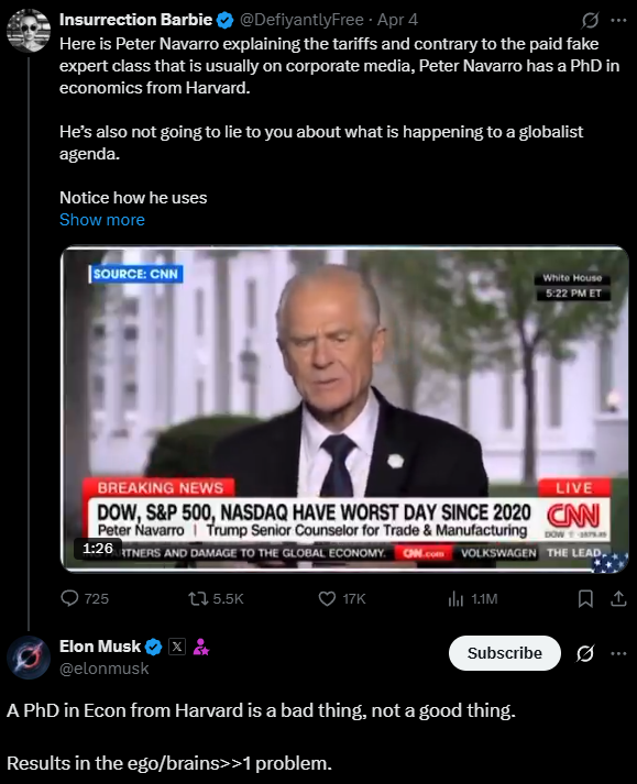 novarealinvest's tweet photo. Elon Musk sharply criticizes Trump’s economic policy adviser Navarro, advocating for zero #tariffs between Europe and the US.

Is Elon Musk finally parting ways with Trump?