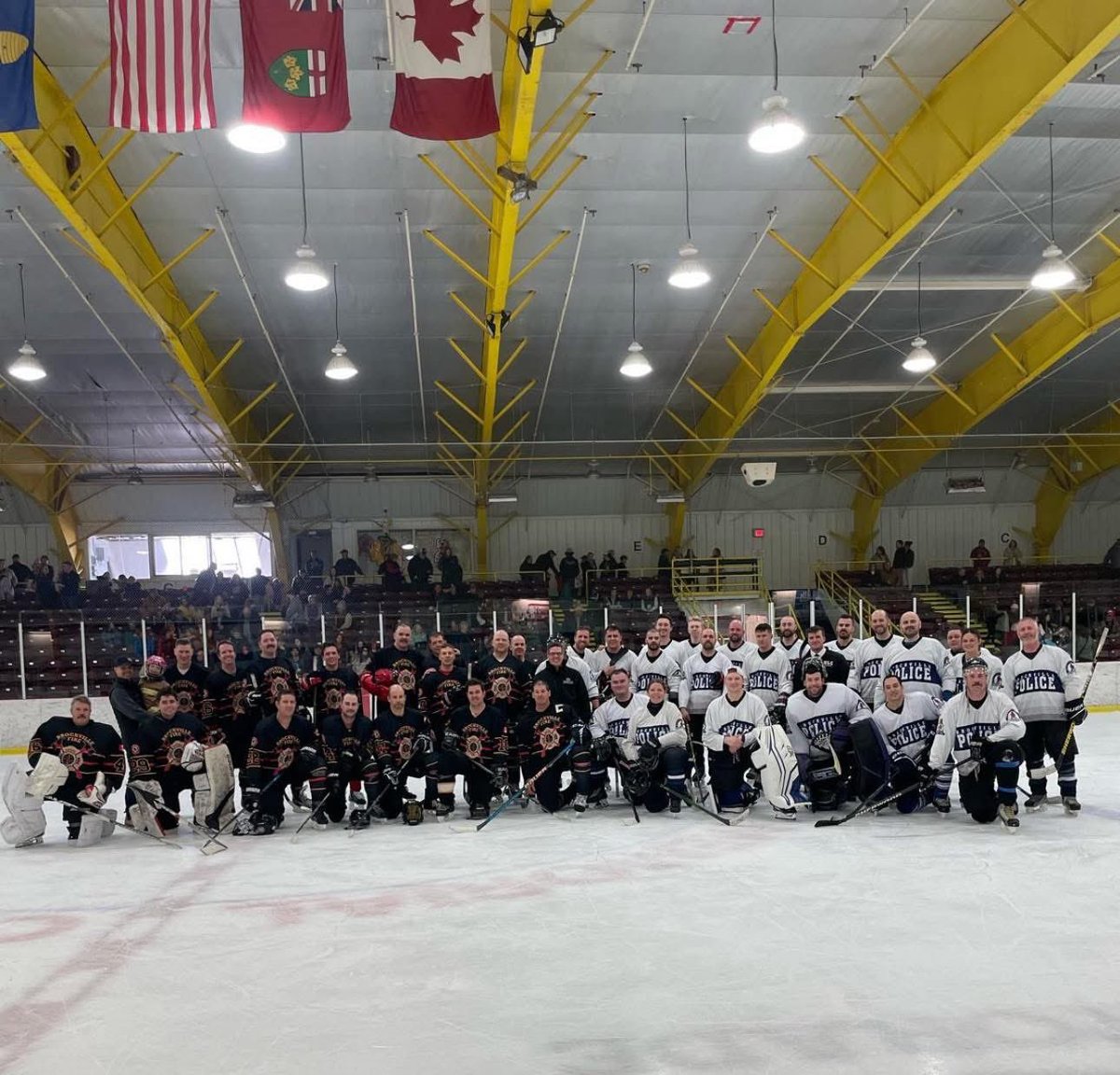 MikeBarrettON's tweet image. Honoured to drop the puck at Battle of the Badges! 🚓 🚒 

Fire edged Police 4–3, but the REAL win was raising $5,100 for the Cooperative Care Centre.

Grateful to @BrockvilleFFs and @BPS_Association for your service and community spirit—on and off the ice!