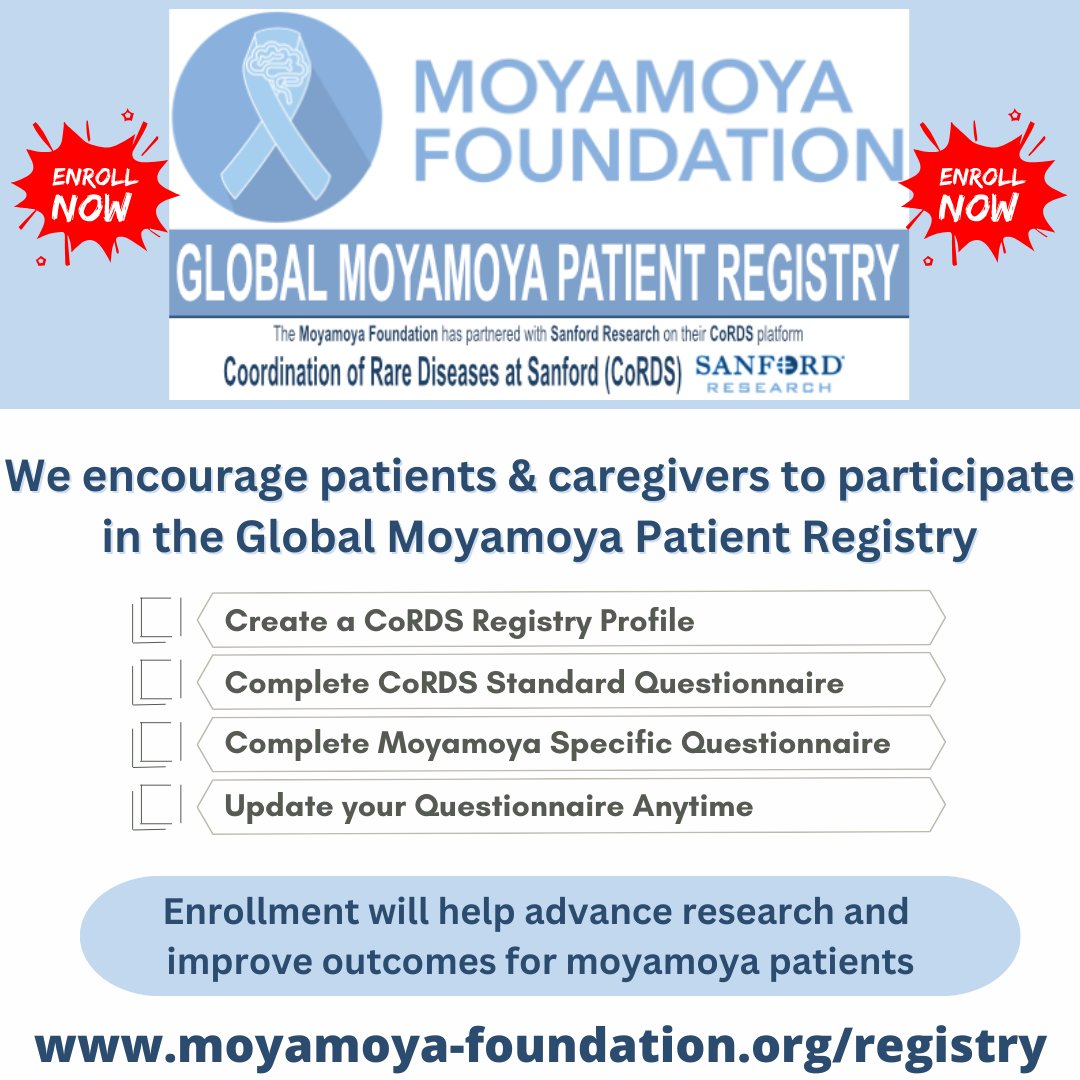 Global Moyamoya Patient Registry is steadily growing. 

We invite ALL patients and caregivers to join and contribute to enhancing this important resource for Moyamoya research. Enroll today!  cords.sanfordresearch.org/activation-form

For more information visit our website: bit.ly/3DtQoKk