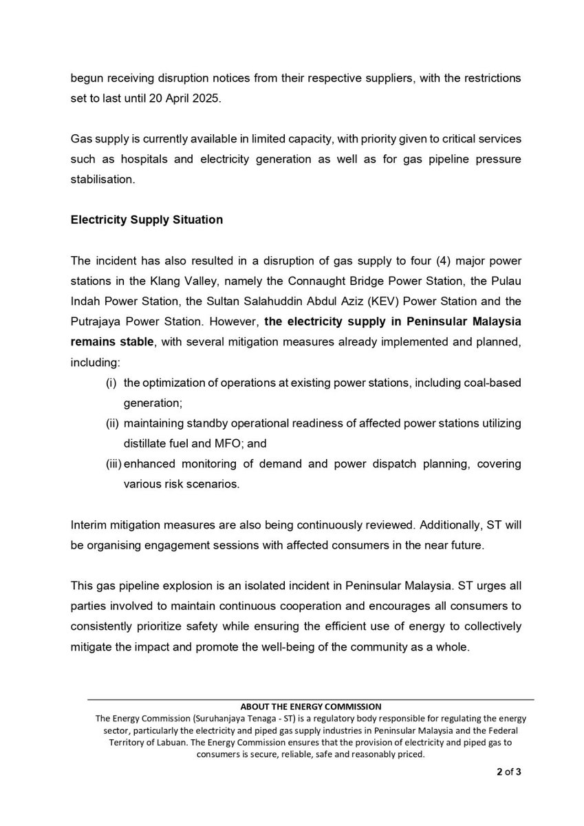 ST_Malaysia's tweet photo. Media Statement: The Current Electricity and Gas Supply Situation in Peninsular Malaysia Following the Gas Pipeline Explosion in Putra Heights, Subang Jaya
#SuruhanjayaTenaga
#EnergyCommission
#JadilahBijakTenaga
#BeEnergySmart
#ThinkSafetyThinkST https://t.co/hODTLZSA6a