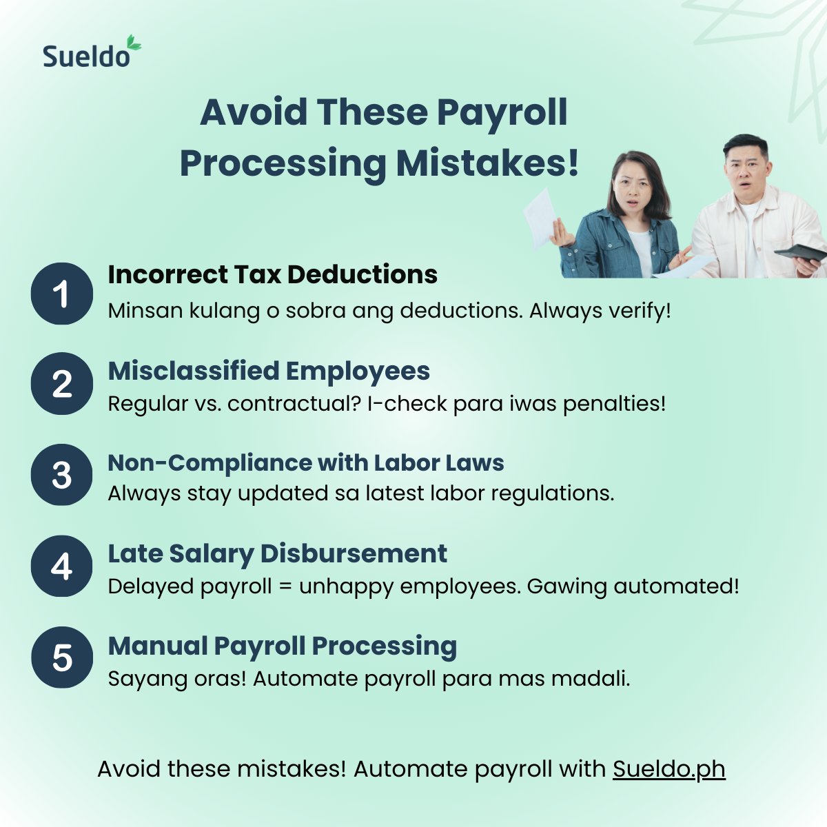 SueldoPH's tweet photo. Payroll problems?

Don't let mistakes like wrong tax deductions or delays hurt your business! Automate with https://t.co/FxyoiaB3hh to save time, avoid headaches, and stay compliant.

Learn more: https://t.co/FxyoiaB3hh

#PayrollSolutions #SueldoPH  #AutomateNow #PayrollMadeEasy https://t.co/mYZlqOvKOn