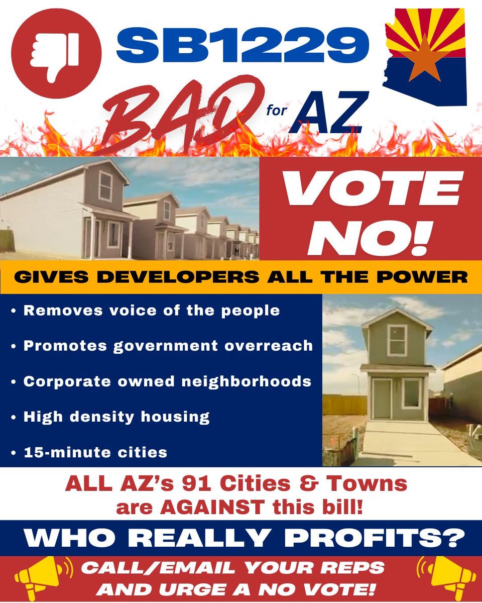 🚨 Arizona, we must stand up to lobbyists! 

#SB1229 is an attack on local control, stripping power from city councils and the people-giving all control to home developers! 

What could possibly go wrong?!

All 91 cities &amp; towns oppose this bill, which does NOT guarantee