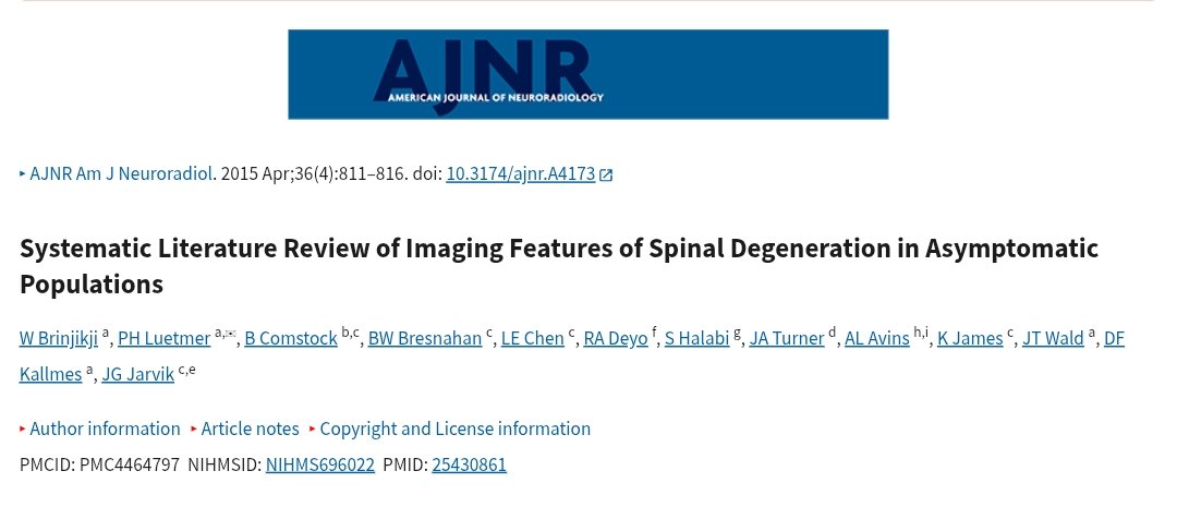 DavidMackeyDPT's tweet image. Imaging findings of degenerative spine disease are common in asymptomatic people. Educate patients and advise clinicians to focus on symptoms, using imaging only as a guide in rehab and to rule out red flags 🚩
pmc.ncbi.nlm.nih.gov/articles/PMC44…