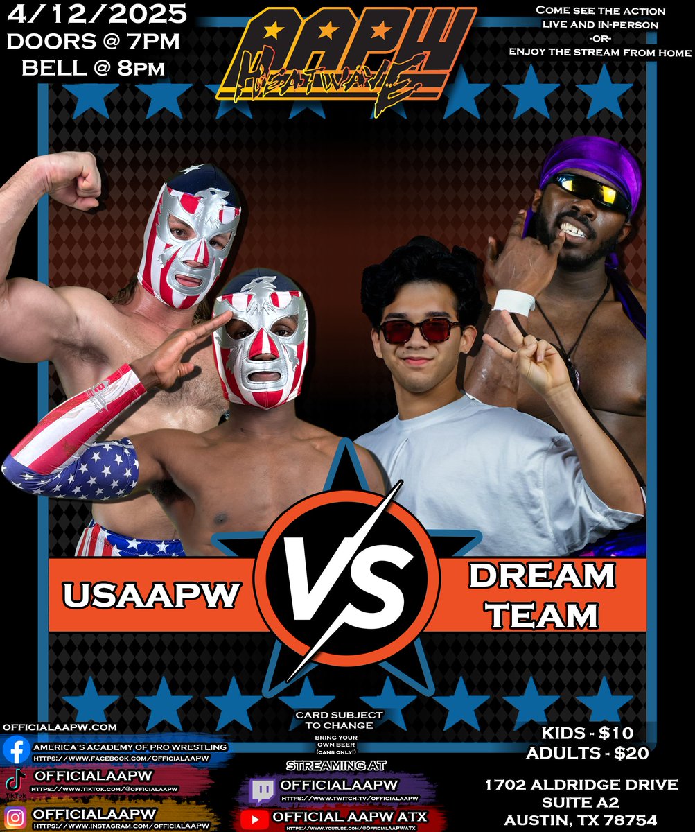 After being ASSAULTED by DREAM TEAM, USAAPW is looking to GET EVEN!!

Saturday, April 12th @ 8PM
BYOB (Cans Only, Coolers Welcomed)
1702 Aldridge Drive, Austin TX 78754
#AAPW #Wrestling #ProWrestling #ATX
