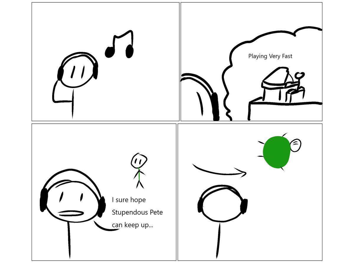 Rui_RB1011's tweet photo. An illustrated comic of a half dream I had on the bus one day as I was drifting in and out of consciousness.

For context, the pianist is "Stupendous Pete" and I have no idea who the balloon man is. https://t.co/2fFlETEGoQ
