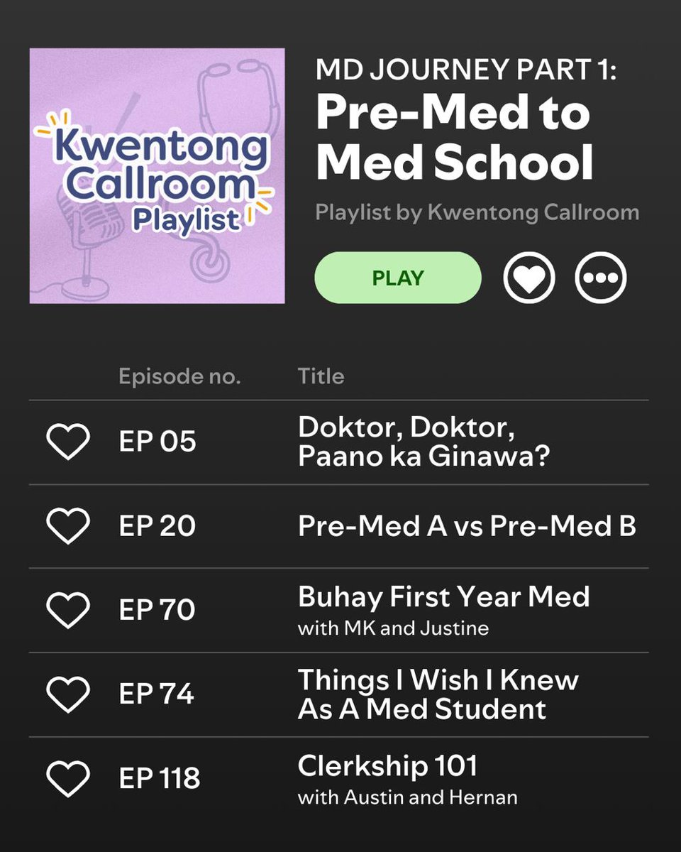 Need a playlist for your commutes? Naghahanda for med school? Curious sa MD track? 

Let's go through the MD journey with this month's playlist! Kwentuhang from pre-med to clerkship with these episodes! 

🎙️✨#KwentongCallroomPodcast