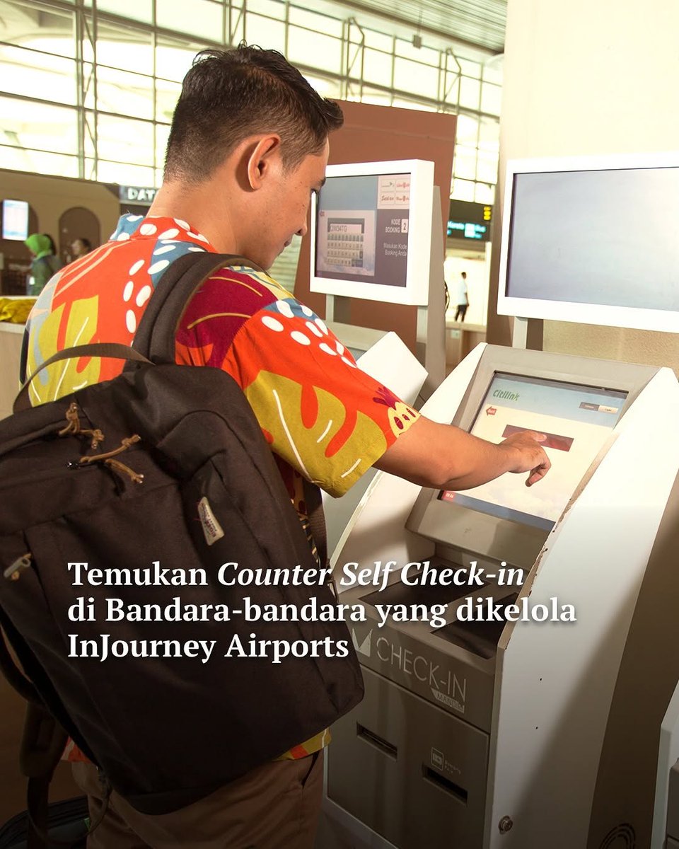 Bye-bye Antre Panjang, Halo Waktu Nyantai ✈️🧳

Fasilitas self check-in di bandara dapat memudahkan #bestIA cetak boarding pass tanpa ke counter dan siap terbang dengan nyaman. Yuk, manfaatkan kemudahan ini dan follow seluruh media sosial InJourney Airports untuk info penerbangan