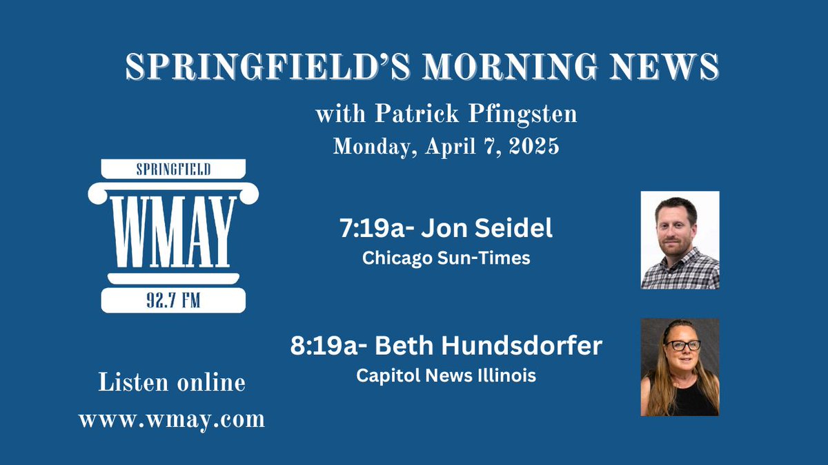 Monday on Springfield's Morning News: 

-<a href="/SeidelContent/">Jon Seidel</a> of the <a href="/Suntimes/">Chicago Sun-Times</a> on the bribery trial of Sen. Emil Jones III (D-Chicago)
-<a href="/BethCapNews/">Beth Hundsdorfer (CapNews)</a> on Scott's Law and homeschooling regulation

🎧92.7 FM or online at wmay.com/player