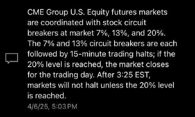 🚨ÚLTIMO🚨

⚠️El CME, la bolsa de FUTUROS mas GRANDE del MUNDO advierte sobre el CIRCUIT BREAK
👉Japón y Taiwán acaban de registrar su PRIMER CIRCUIT BREAK

¿Qué es esto y por qué están encendiendo las ALARMAS⁉️

▪️El circuit break ocurre cuando el mercado cae ABUPTAMENTE y se