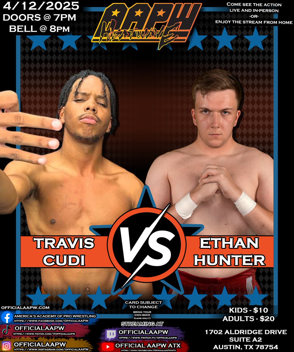 The CUDI/HUNTER feud RAGES ON!!
Who you got?

Saturday, April 12th @ 8PM
BYOB (Cans Only, Coolers Welcomed)
1702 Aldridge Drive, Austin TX 78754
#AAPW #Wrestling #ProWrestling #ATX