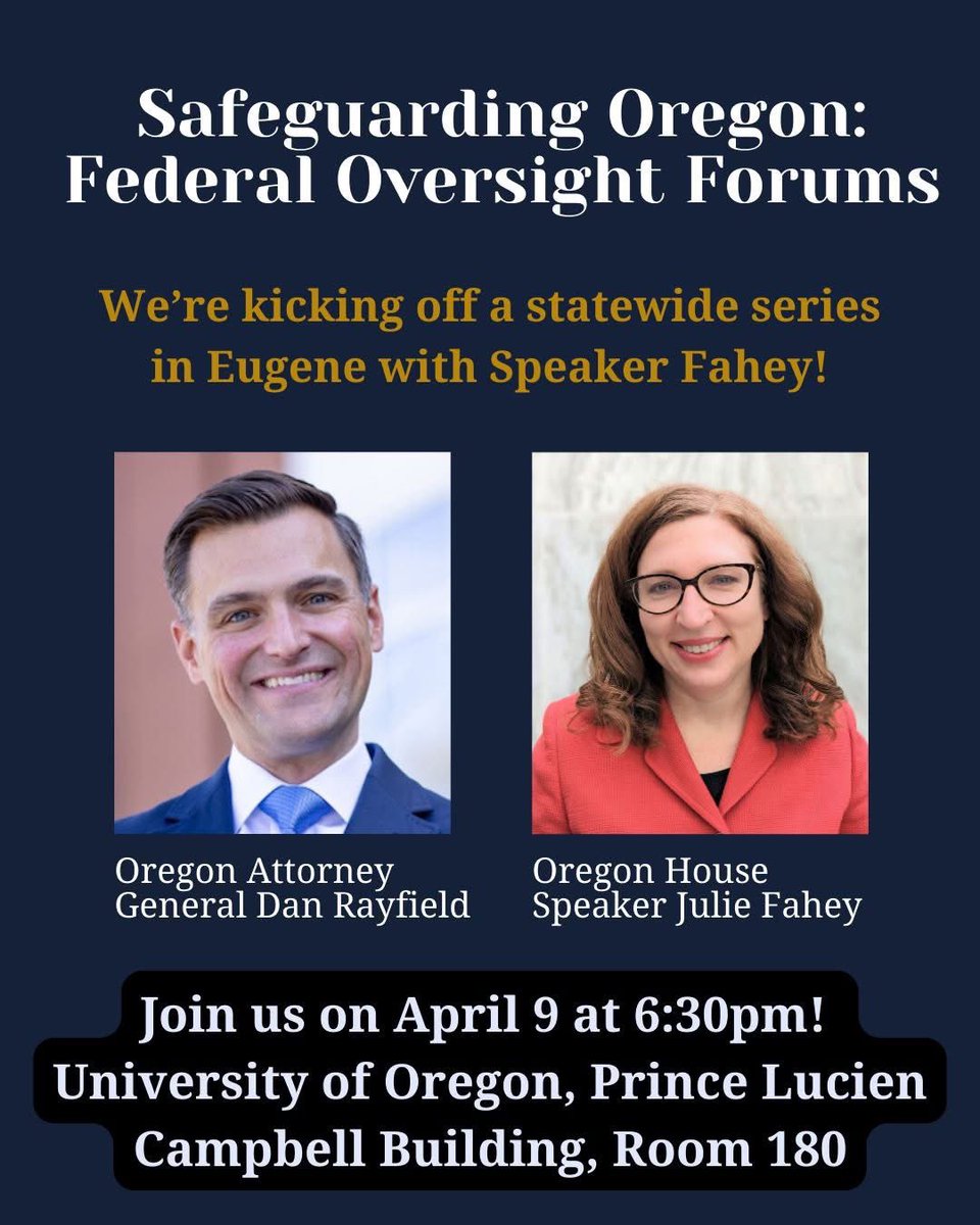 I'm excited to join Attorney General Rayfield in Eugene this week for the first in his series of Federal Oversight Forums.

Join us Wed., April 9 at 6:30 pm on UO's campus to discuss federal oversight issues and our work to hold the federal government accountable
#ORleg #ORpol