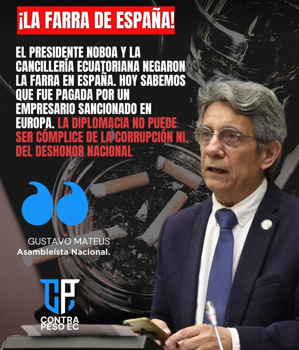 ContraPeso_Ec's tweet image. 🔴𝗟𝗔 𝗙𝗔𝗥𝗥𝗔 𝗗𝗘 𝗡𝗢𝗕𝗢𝗔‼️ ℹ️Resultó ser que un funcionario sancionado por #Europa fue el financista de la dichosa fiesta que terminó en excesos del presidente.
No tardaron las reacciones de rechazo frente a esta reciente revelación.
@GustavoMateusA