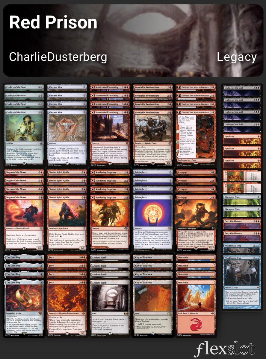 Made it to top 4 of the Mana Vault Win-A-Cradle event with Red Prison! Legacy seems pretty fun post-ban, and this deck gets to play a lot of dumb cards.

Hogaak⛓️⛓️
Breakfast⛓️⛓️‍💥⛓️
Delver⛓️⛓️
GB Depths⛓️⛓️‍💥⛓️
ID
ID
T8
Breakfast⛓️⛓️‍💥⛓️
Blue Painter⛓️‍💥⛓️‍💥
