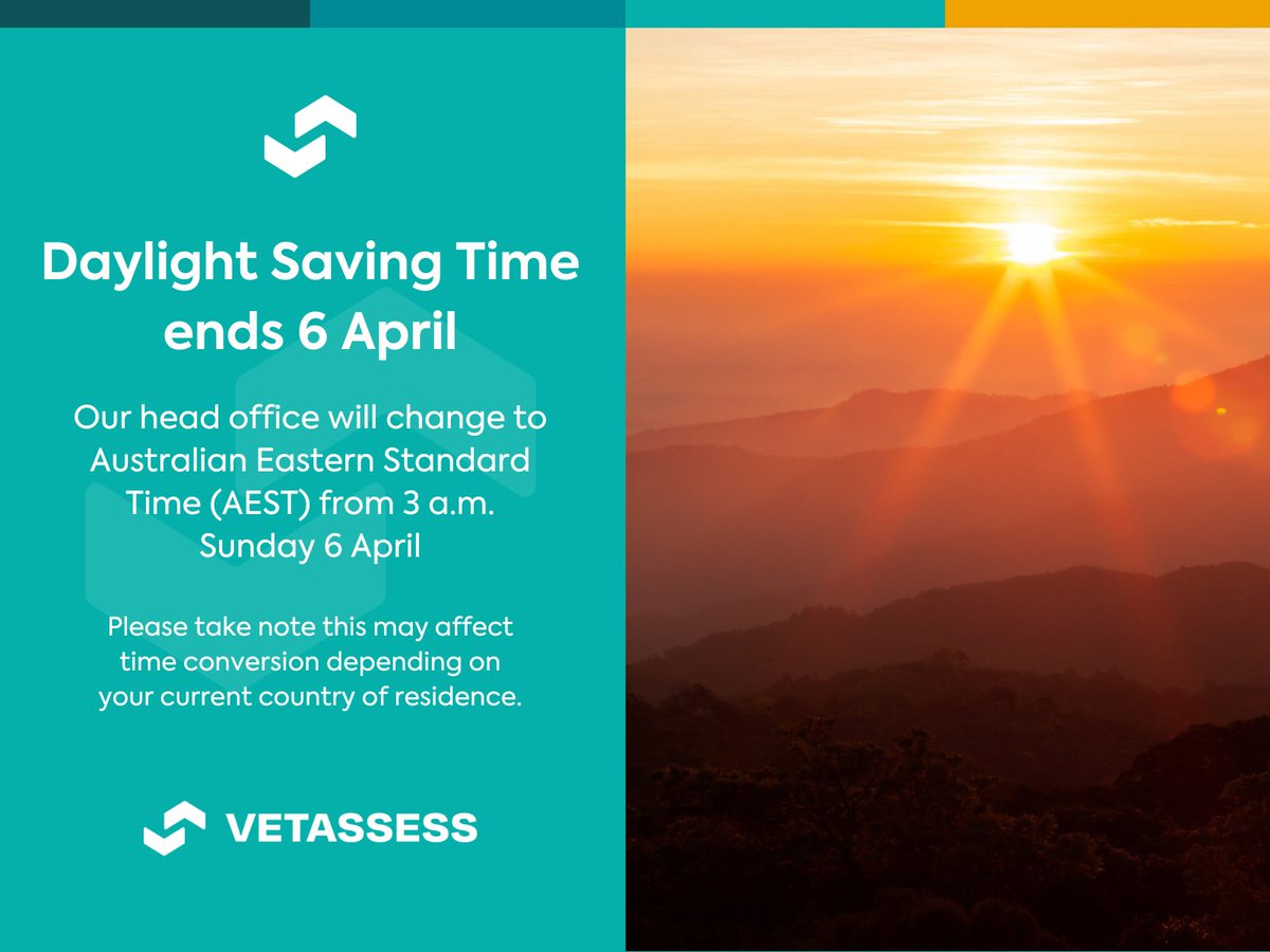 Our Melbourne Head Office is now operating on Australian Eastern Standard Time (AEST). Please note this may affect time conversion depending on your country of residence. You can contact our Customer Service Centre Monday - Friday 9am - 5pm.

#VETASSESS #VETASSESSupdates