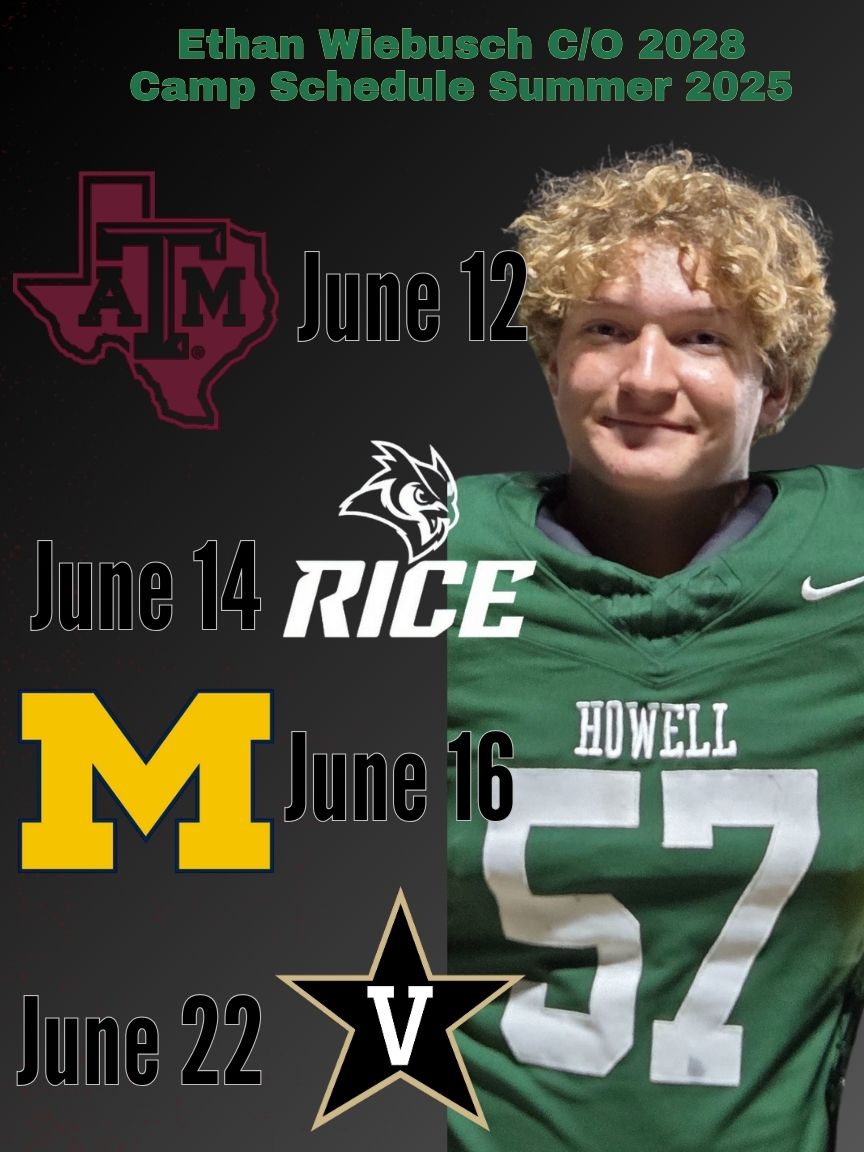 Ethan Wiebusch (@ethanwiebusch) on Twitter photo I look forward to getting on campus and competing at the following camps:
TX A&M June 12th <a href="/CoachMikeElko/">Coach Mike Elko</a> <a href="/CoachCushing/">Adam Cushing</a> Rice June 14 <a href="/Scott_AbellFB/">Scott Abell</a> <a href="/_CoachMunch/">Vince Munch</a> <a href="/RiceOwlsFB/">Rice FB Recruiting</a> <a href="/RiceFootball/">Rice Football</a> UM June 16 <a href="/grant_newsome/">Grant Newsome</a> <a href="/Coach_SMoore/">Sherrone Moore</a> Vandy June 22 <a href="/Coach_Flaherty/">Brendan Flaherty</a> <a href="/FBCoachK/">Chris Klenakis</a> <a href="/Coach_Lea/">Clark Lea</a> I look forward to getting on campus and competing at the following camps:
TX A&M June 12th <a href="/CoachMikeElko/">Coach Mike Elko</a> <a href="/CoachCushing/">Adam Cushing</a> Rice June 14 <a href="/Scott_AbellFB/">Scott Abell</a> <a href="/_CoachMunch/">Vince Munch</a> <a href="/RiceOwlsFB/">Rice FB Recruiting</a> <a href="/RiceFootball/">Rice Football</a> UM June 16 <a href="/grant_newsome/">Grant Newsome</a> <a href="/Coach_SMoore/">Sherrone Moore</a> Vandy June 22 <a href="/Coach_Flaherty/">Brendan Flaherty</a> <a href="/FBCoachK/">Chris Klenakis</a> <a href="/Coach_Lea/">Clark Lea</a>