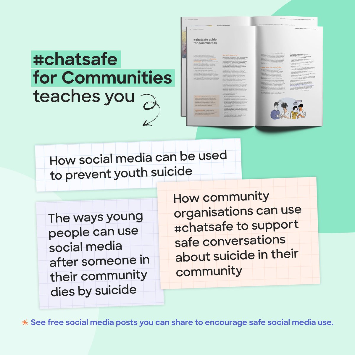 #chatsafe for Communities: using social media for suicide prevention and postvention (edition two) is here!

This new guide and set of resources uses our research to support professionals and volunteers in community groups and organisations.

See more 👉 bit.ly/3R608y4