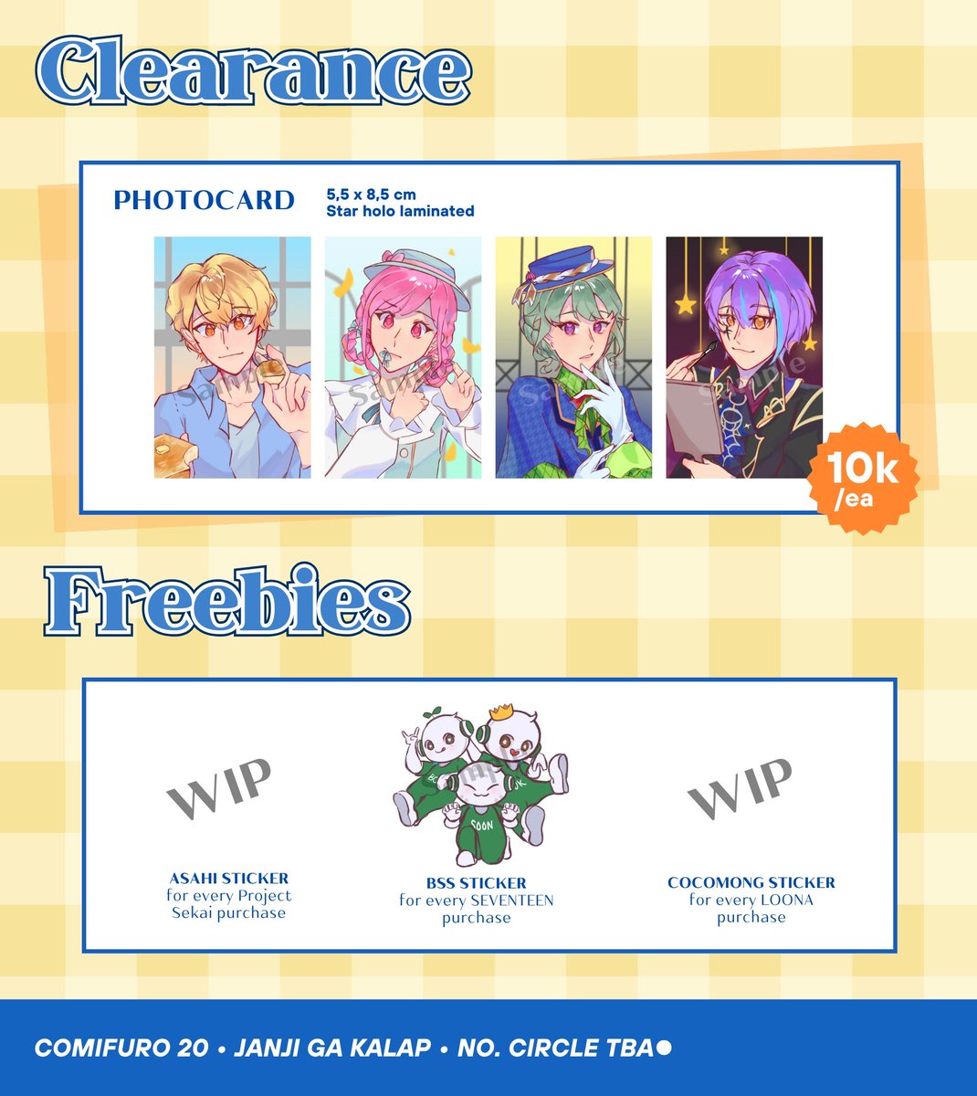 raruriaa's tweet photo. shares appreciated! :D
[Janji Ga Kalap - Aru's Catalogue]

PO for CFXX is now OPEN! Link in bio &amp; reply✨

📅 PO: 6-10 April (21.00 WIB)
⭐Fandoms : Project Sekai, LOONA (Chuu, ARTMS), SEVENTEEN

#CFXX #CF20 #comifuro20 #CFXXcatalogue #CF20catalogue #prsk  #svt https://t.co/EXNSJ732kI