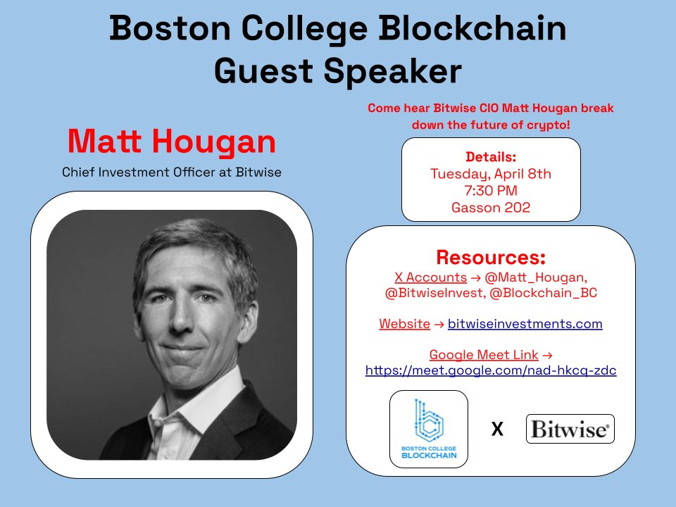 🚨Join us this Tuesday (4/8) at 7:30 PM in Gasson 202 for a fireside chat with <a href="/Matt_Hougan/">Matt Hougan</a> , CIO of <a href="/BitwiseInvest/">Bitwise</a> and one of the most respected voices in crypto! 🧠🔥

Matt will be breaking down what’s next for digital assets and crypto investing. Don’t miss it!