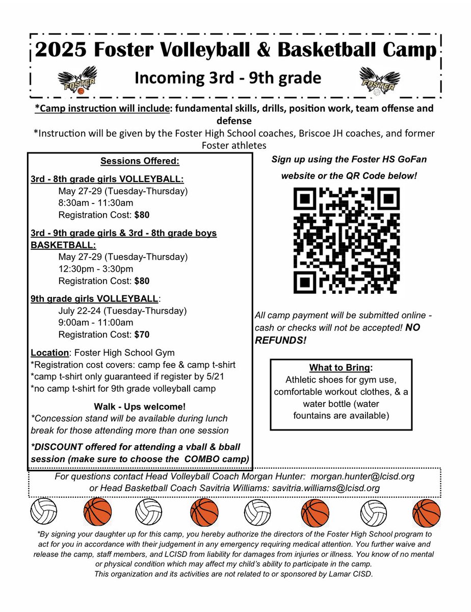 Foster Volleyball (@foster_vball) on Twitter photo Registration is open! Get signed up for summer volleyball-basketball camp today! <a href="/FHSABC_TX/">FHSABC</a> <a href="/FosterWbball/">Foster Women's Bball</a> <a href="/BJHAthletics/">Briscoe Athletics</a> <a href="/LCISDGoldTrack/">Foster Nation</a> <a href="/AthleticsFoster/">Foster Athletics</a> Registration is open! Get signed up for summer volleyball-basketball camp today! <a href="/FHSABC_TX/">FHSABC</a> <a href="/FosterWbball/">Foster Women's Bball</a> <a href="/BJHAthletics/">Briscoe Athletics</a> <a href="/LCISDGoldTrack/">Foster Nation</a> <a href="/AthleticsFoster/">Foster Athletics</a>