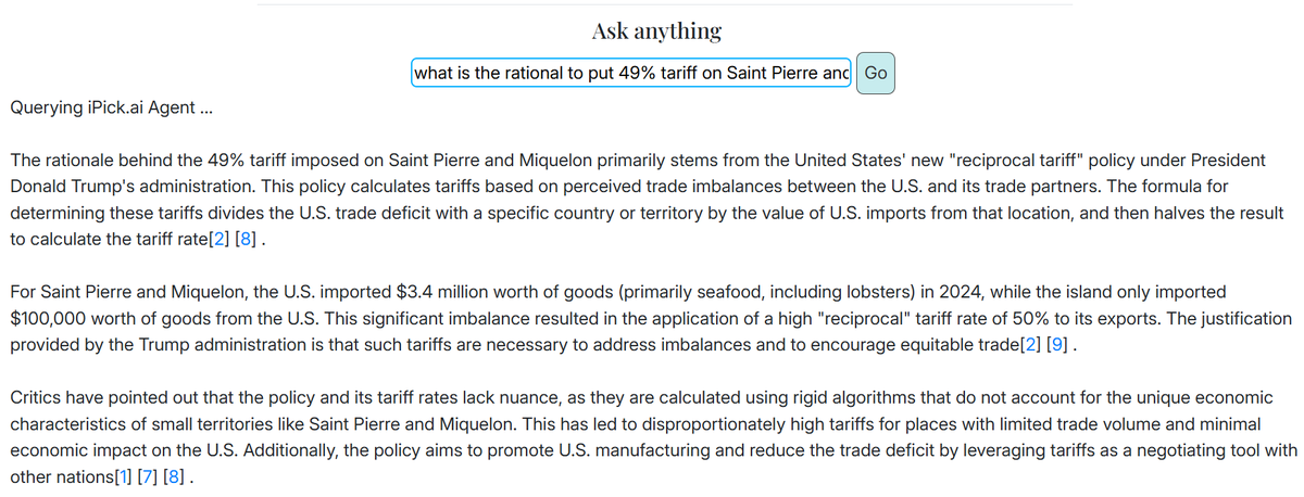 iPick_ai's tweet photo. Ask #iPickAI to find the rational of putting 49% tariff against Saint Pierre and Miquelon. Is it rational? 

https://t.co/Sc6tT8b12i https://t.co/EurZmsejRj