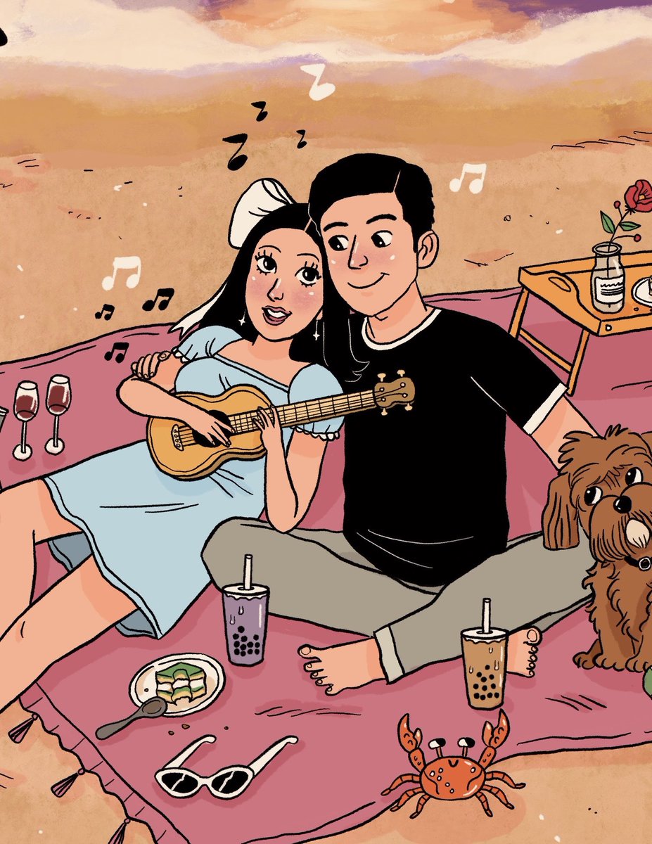 melstringerart's tweet image. Portrait commissions available! Get in touch for more info. ❤️ This was such a pleasure to draw: @justpeachynt and her lovely partner Kevin as well as her doggy Bear! Relaxing on a Darwin beach during a sunset….. with snacks 🥰 #portrait #caricature #drawing #art #couple