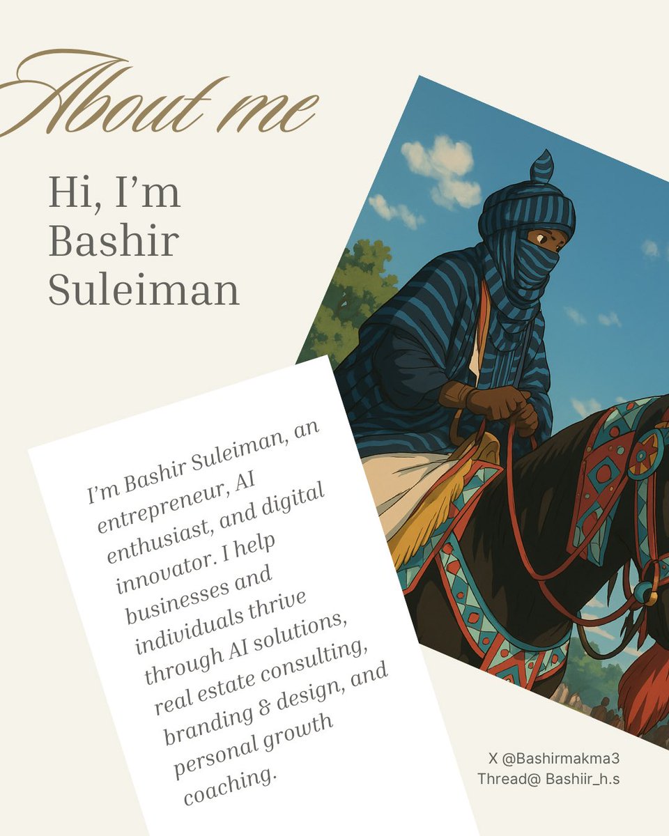 Bashirmakama3's tweet image. I’m Bashir Suleiman, an AI enthusiast, entrepreneur, and digital innovator. I offer:
•AI Business Solutions
•Real Estate Consulting
•Branding & Design
•Tech & Innovation
•Personal Growth Coaching
Follow for tips and services to help you grow in business and life